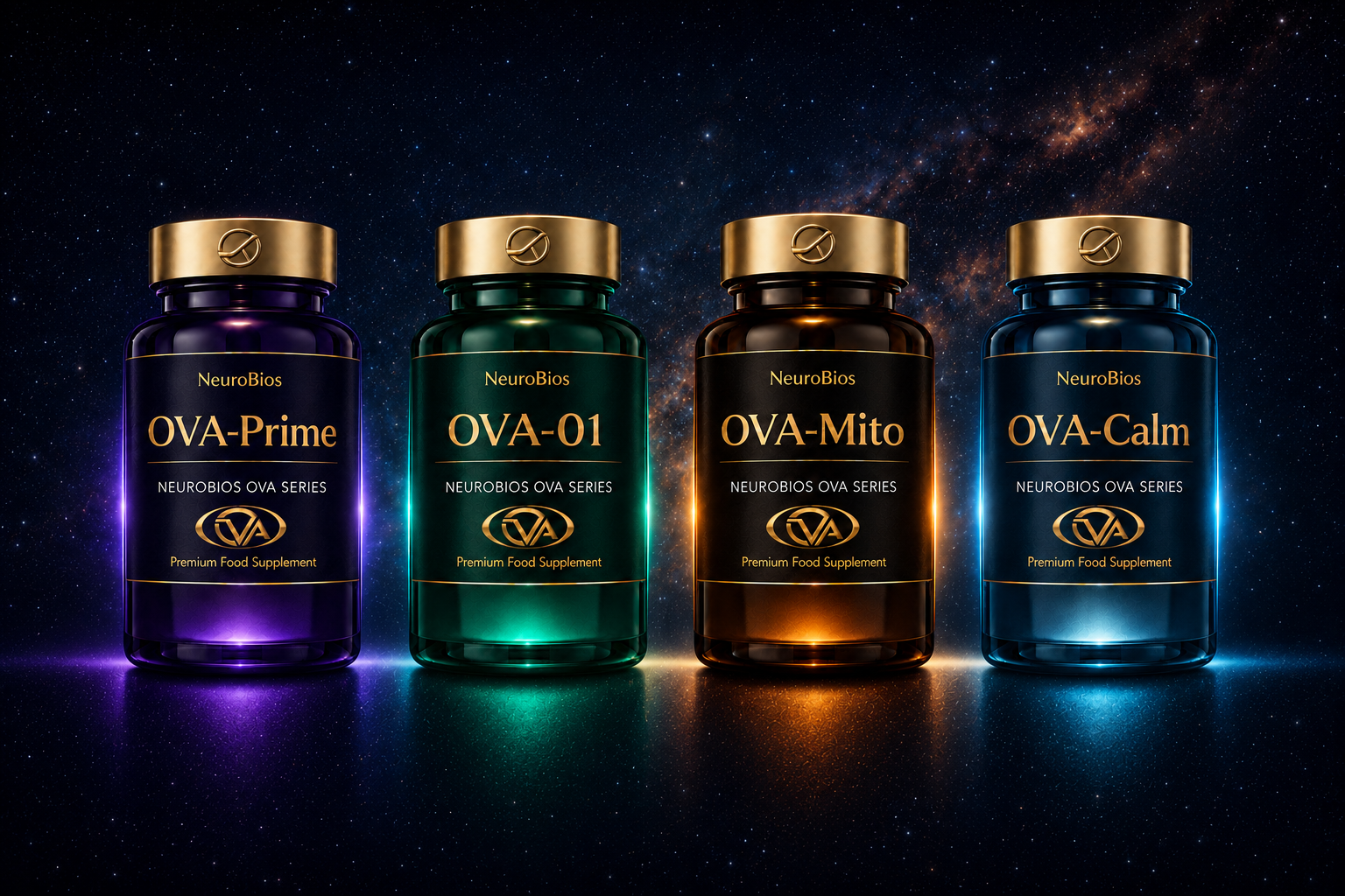 OVA range hero render showing the four-bottle longevity lineup
