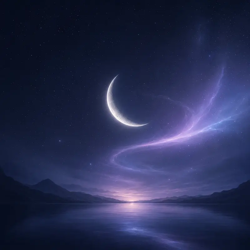 A crescent moon above a quiet violet shoreline