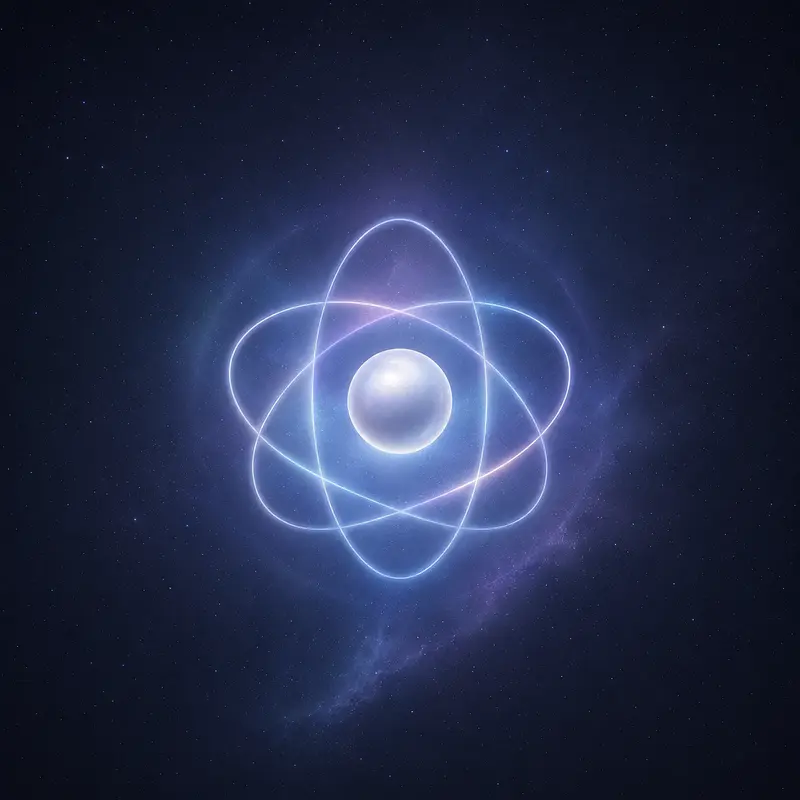 A luminous orbital form floating in a blue-violet nebula