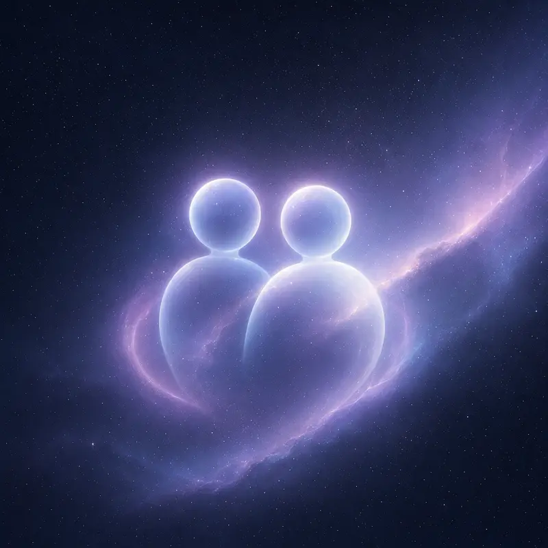 Two glowing figures held in a soft lilac cosmic field