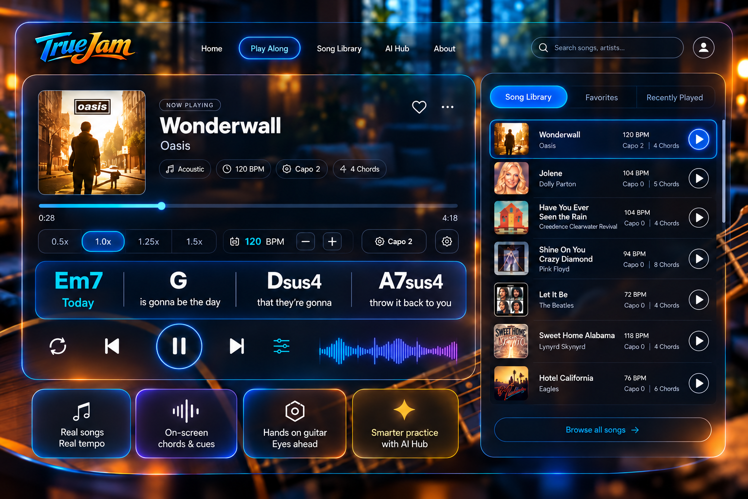 TrueJam Play Along desktop interface showing Wonderwall, live chord progression, playback controls and song library