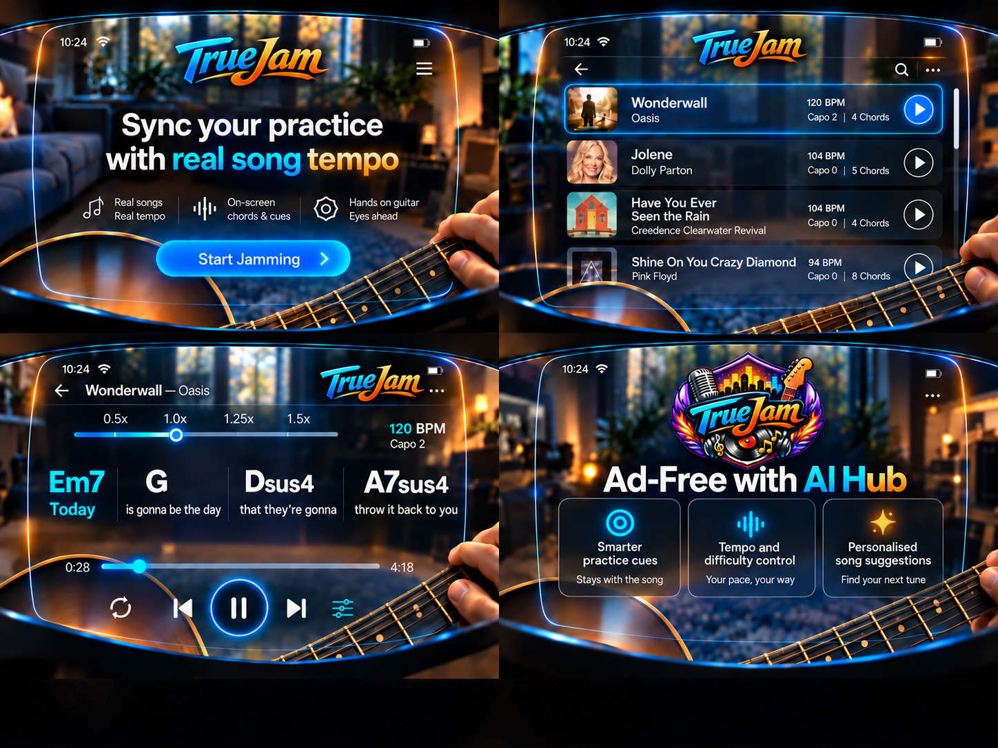 Original TrueJam concept showing guitar practice information overlaid in a spatial interface